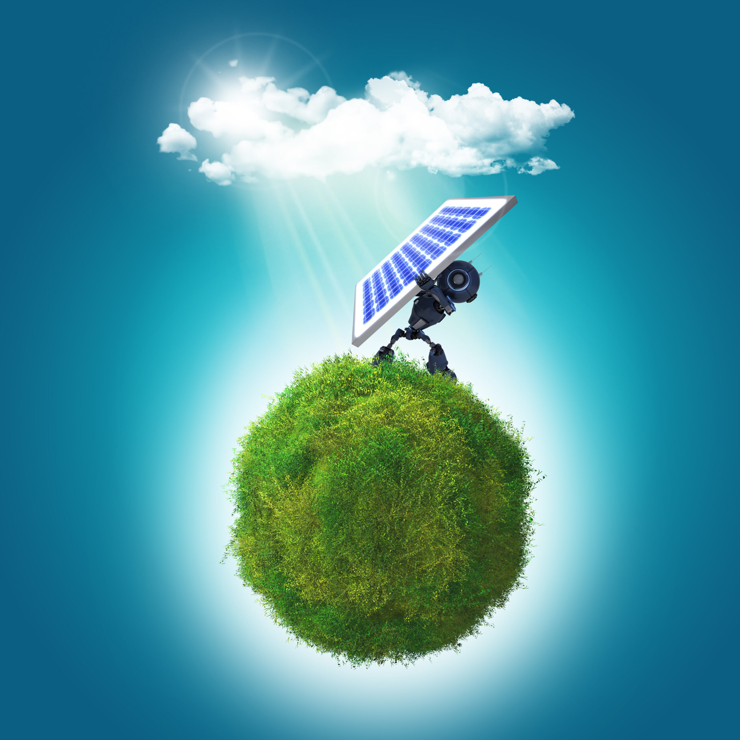 3d render robot holding solar panel grassy glboe scaled